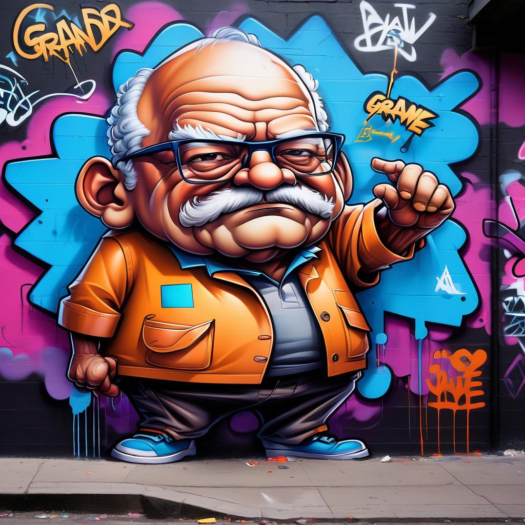  graffiti style draw the abrams character from the game grandpa . street art, vibrant, urban, detailed, tag, mural