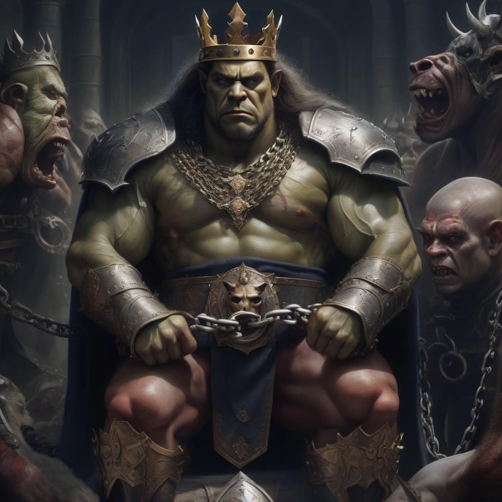  photorealistic picture. the king with a crown on his head and a large belt in his hand stands in front of an orc chained.