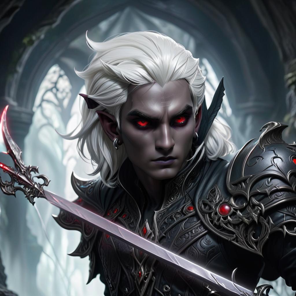  gothic style drow male elf cleric, graphite color skin, red eyes, silver medium haircut, white eyelashes, white brows, black leather jacket, dark cave temple . dark, mysterious, haunting, dramatic, ornate, detailed, civitai