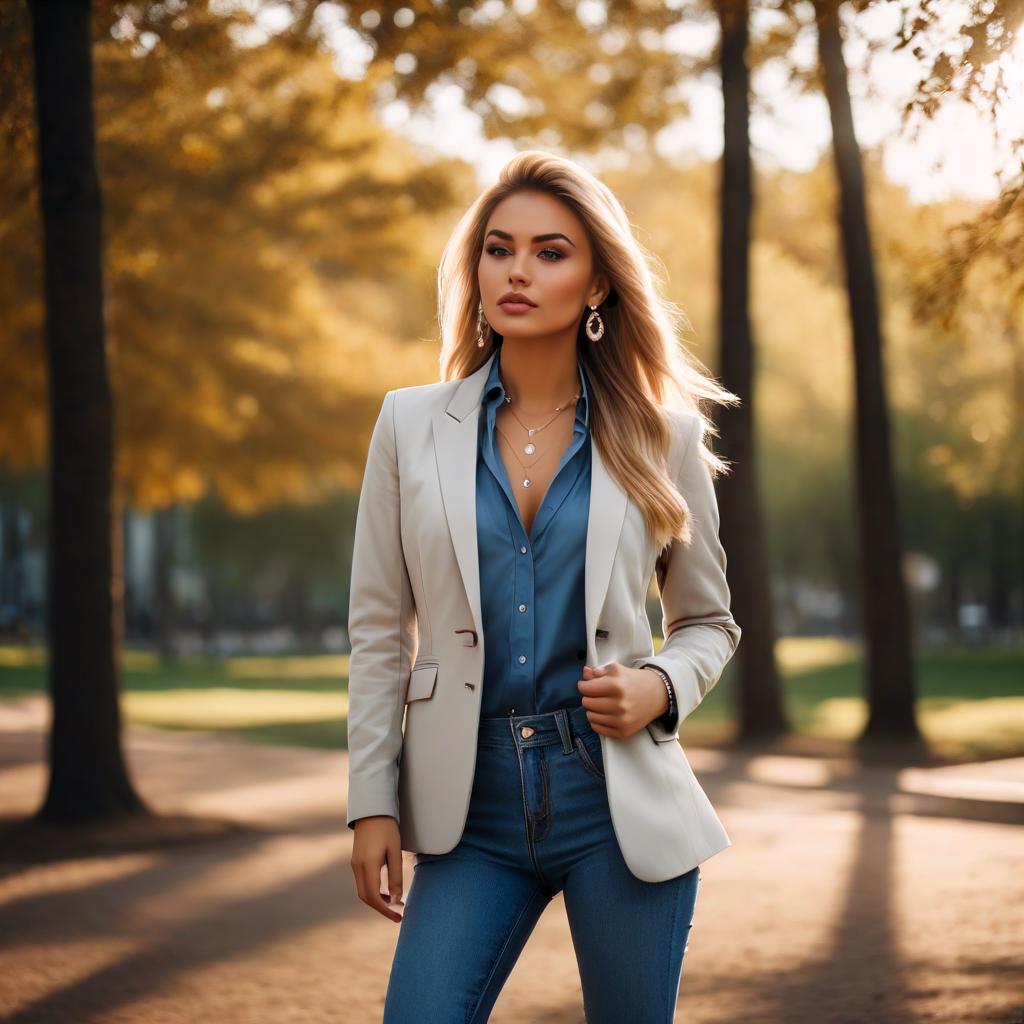  cinematic photo a beautiful caucasian woman. walking in a park. with suntanned skin. with full lips. with long blonde hair in a ponytail. wearing muted lipstick. with smokey eyes. wearing jewelry. wearing a cropped blazer. wearing high heel boots. wearing skinny jeans. wearing a button down shirt. viewed from the side.. 35mm photograph, film, bokeh, professional, 4k, highly detailed