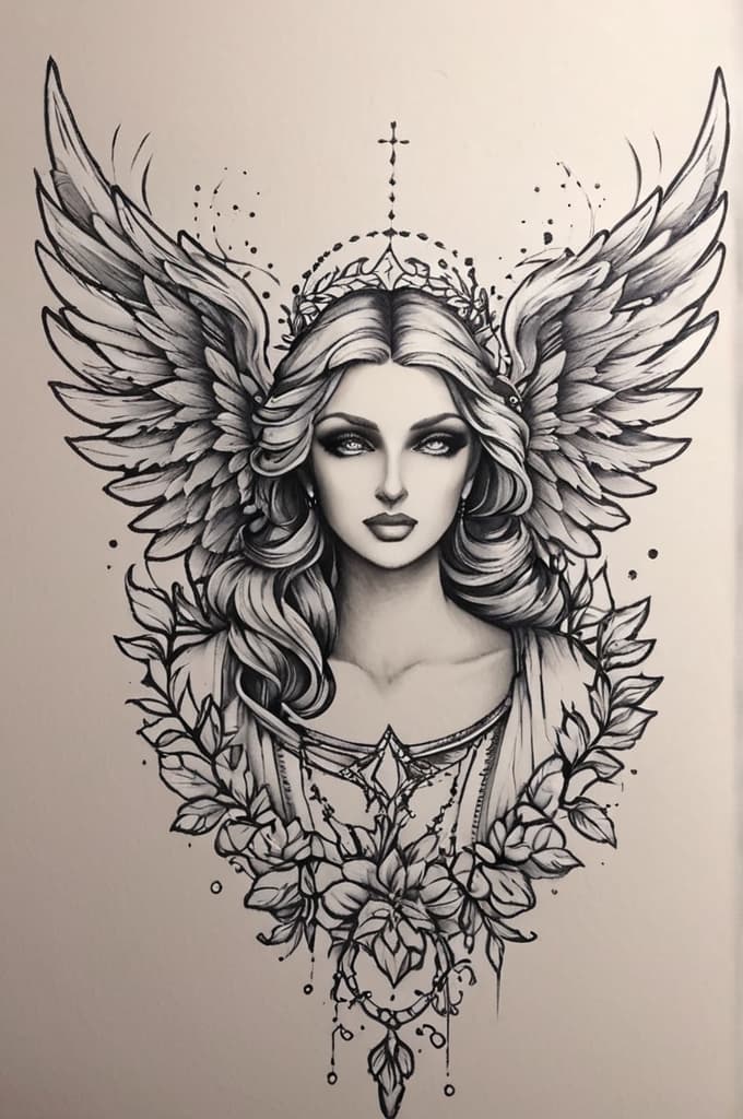  angel dottwork , (tattoo sketch:1.25), drawing