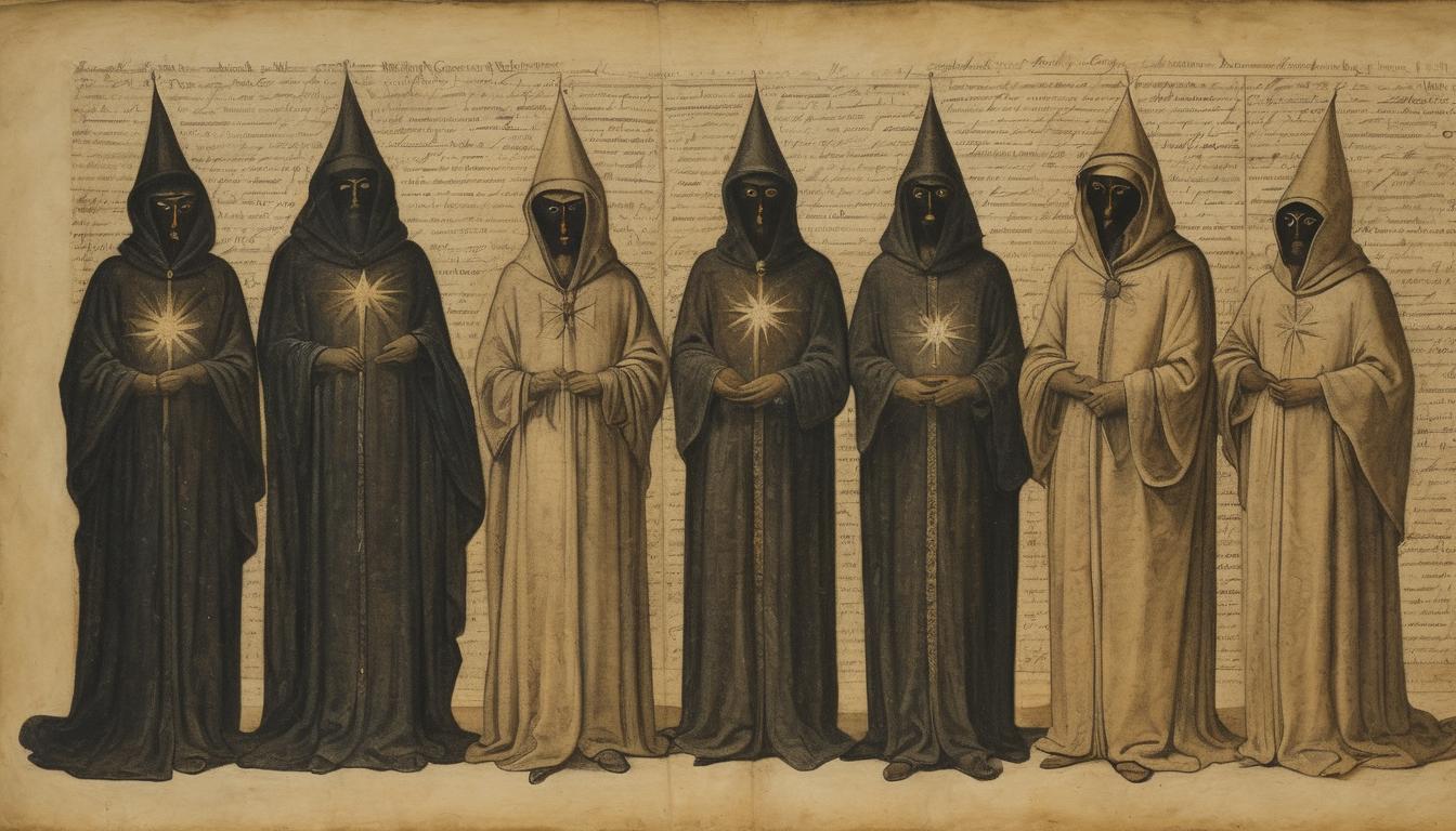  on parchment, surrealism++, a group of distinctive figures, some with glowing eyes and intricate robes, standing out against a dark, starry background, uniqueness, elite(mysterious, provocative, symbolic)++