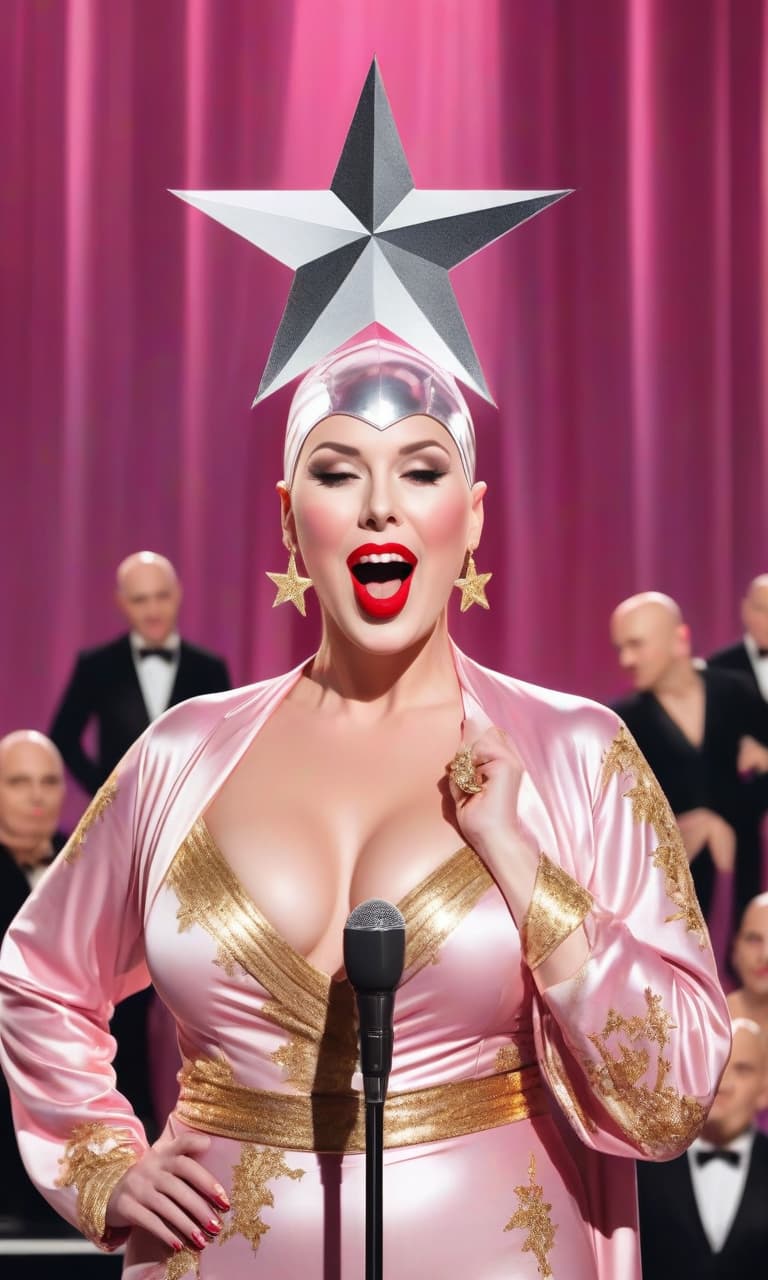  concept art pink, gold, black, white on stage performs a bald woman red lips in a silvery swimming cap there's a star on her head . digital artwork, illustrative, painterly, matte painting, highly detailed, perfect hands