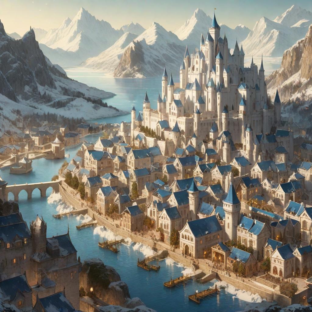  manga artwork city with white houses and blue roofs, it has a big castle in a terrace and a great lake in the background, with icy moutains. anime rpg style . manga artist. manga, highly emotional. best quality, high resolution