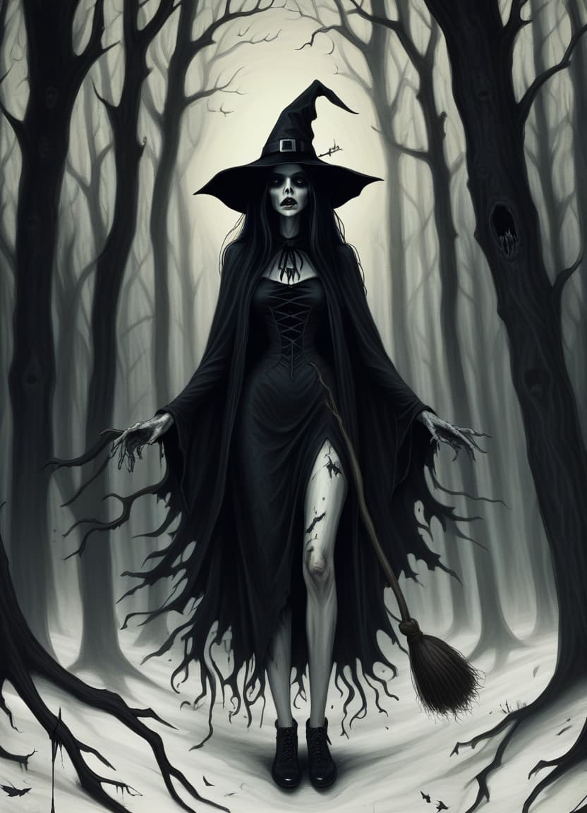  macabre style draw her a witch in the old woods . dark, gothic, grim, haunting, highly detailed