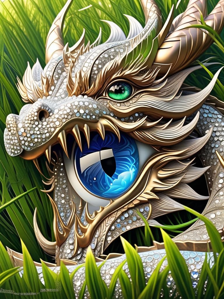  best quality, master piece, highly detailed, (diamonds:1.2) scaled chinese dragon, (beautiful eyes, up close:1.3), macro, gree grass ,mythological creature, dream world,