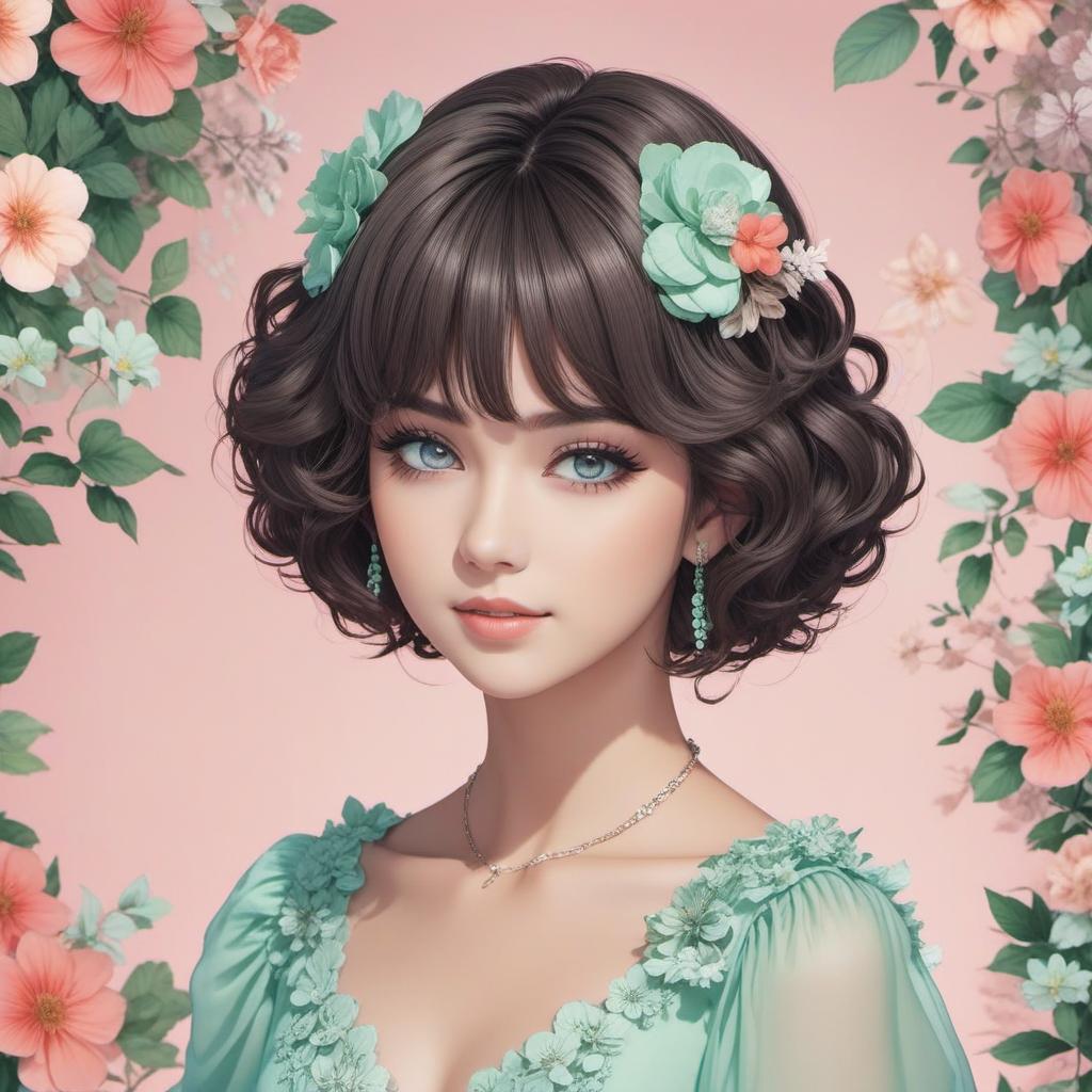  a with dark brown curly short hair and curly bangs. she wears a mint green floral dress with puffy sleeves. she has blue eyes , anime style, manga style, manhwa style