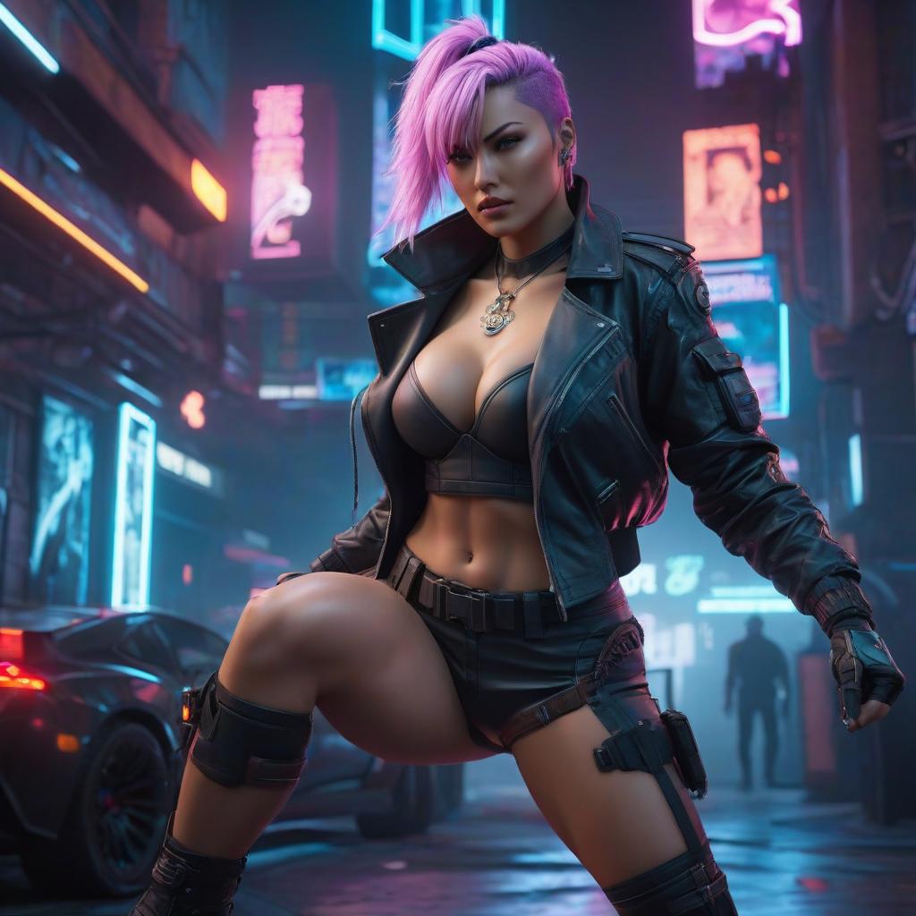  fighting game style caresses herself cyberpunk neon . dynamic, vint, action packed, detailed character design, reminiscent of fighting video games hyperrealistic, full body, detailed clothing, highly detailed, cinematic lighting, stunningly beautiful, intricate, sharp focus, f/1. 8, 85mm, (centered image composition), (professionally color graded), ((bright soft diffused light)), volumetric fog, trending on instagram, trending on tumblr, HDR 4K, 8K