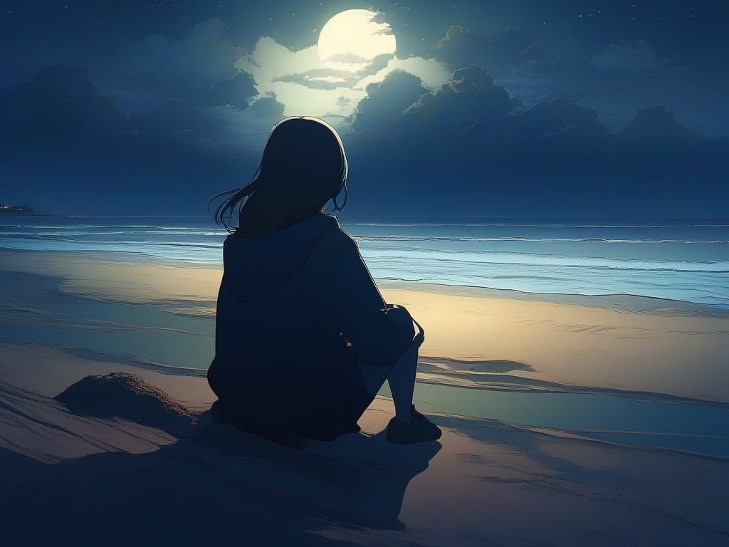  midnight, beach, dark, single, girl, sitting, scenery