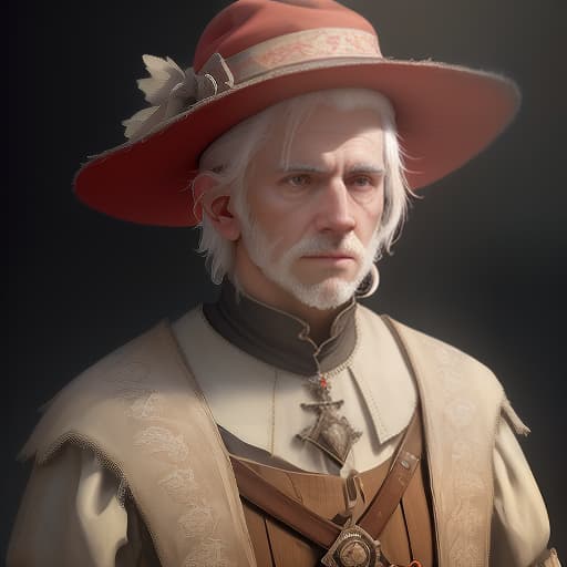  portrait of a young male white haired inquisitor in a red hat with wide margins. facial degeneration is gloomy, thoughtful, (extremely detailed oil painting:1.2), glow effects, godrays, hand drawn, render, 8k, octane render, cinema 4d, blender, dark, atmospheric 4k ultra detailed, cinematic sensual, sharp focus, humorous illustration, big depth of field, masterpiece, colors, 3d octane render, 4k, concept art, trending on artstation, hyperrealistic, vivid colors, extremely detailed cg unity 8k wallpaper, trending on artstation, trending on cgsociety, intricate, high detail, dramatic