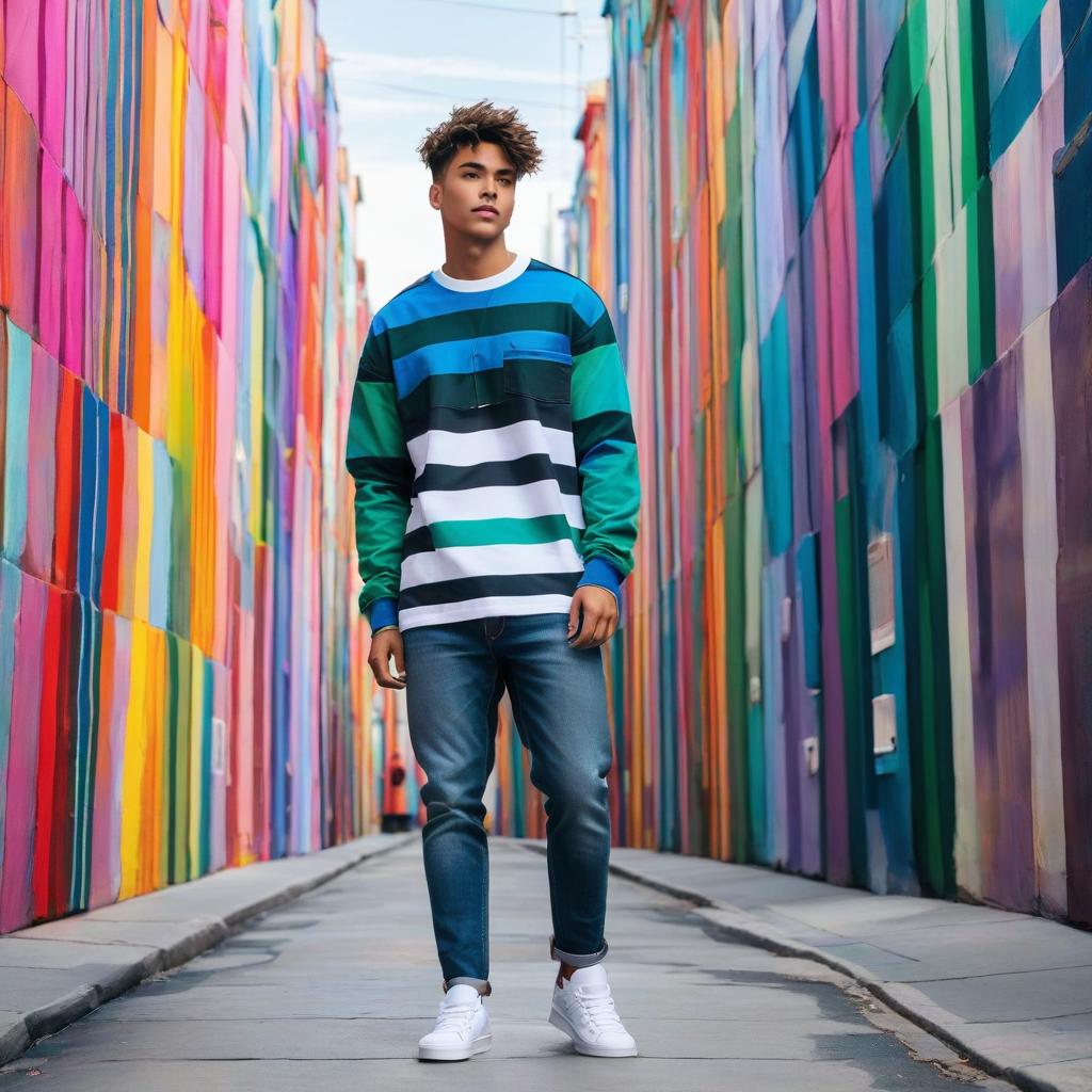  a person wearing a colorful striped long sleeve shirt with denim jeans and sneakers standing in front of a vibrant cityscape.