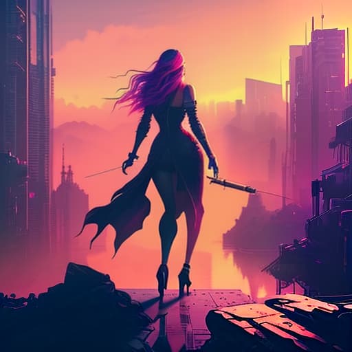 nvinkpunk 90s style background with city and young woman, long legs, high heel shoes, sunset, (extremely detailed oil painting:1.2), glow effects, godrays, hand drawn, render, 8k, octane render, cinema 4d, blender, dark, atmospheric 4k ultra detailed, cinematic sensual, sharp focus, humorous illustration, big depth of field, masterpiece, colors, 3d octane render, 4k, concept art, trending on artstation, hyperrealistic, vivid colors, extremely detailed cg unity 8k wallpaper, trending on artstation, trending on cgsociety, intricate, high detail, dramatic hyperrealistic, full body, detailed clothing, highly detailed, cinematic lighting, stunningly beautiful, intricate, sharp focus, f/1. 8, 85mm, (centered image composition), (professionally color graded), ((bright soft diffused light)), volumetric fog, trending on instagram, trending on tumblr, HDR 4K, 8K