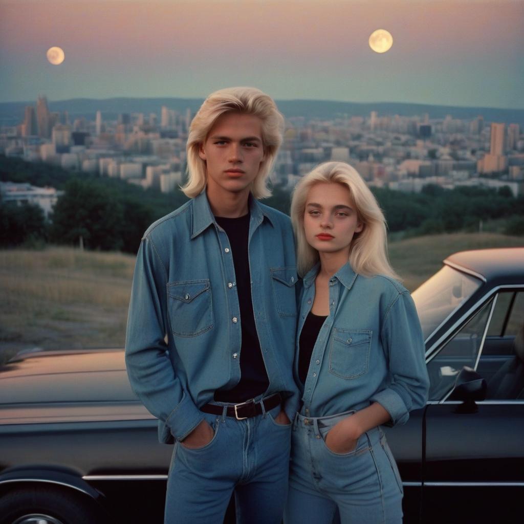  analog film photo a platinum blonde girl takes pictures on a polaroid in a black shirt and stands next to a blonde guy in a denim shirt, standing by a black car, a view from a hill, in the background the city, the time of dusk, a full light moon, the style of the 80 90s. . faded film, desaturated, 35mm photo, grainy, vignette, vintage, kodachrome, lomography, stained, highly detailed, found footage