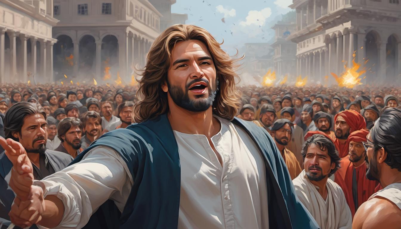  digital painting of prophet speaking, clear gestures, crowd listening intently, minimalist background, sharp focus on communication and clarity looking at viewer, dynamic pose, (intricate details, masterpiece, best quality)