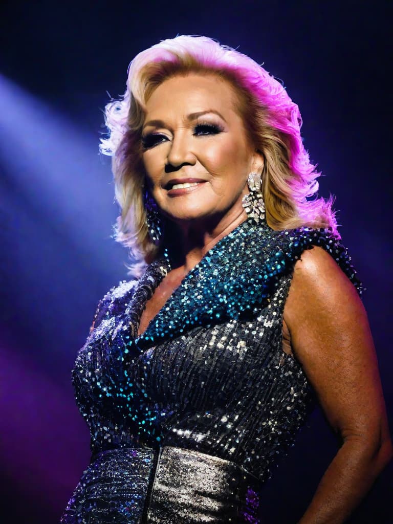  A younger country singer Tanya Tucker, medium shot, upper body, spotlight, long exposure lighting, street art style spray paint, glamour lighting