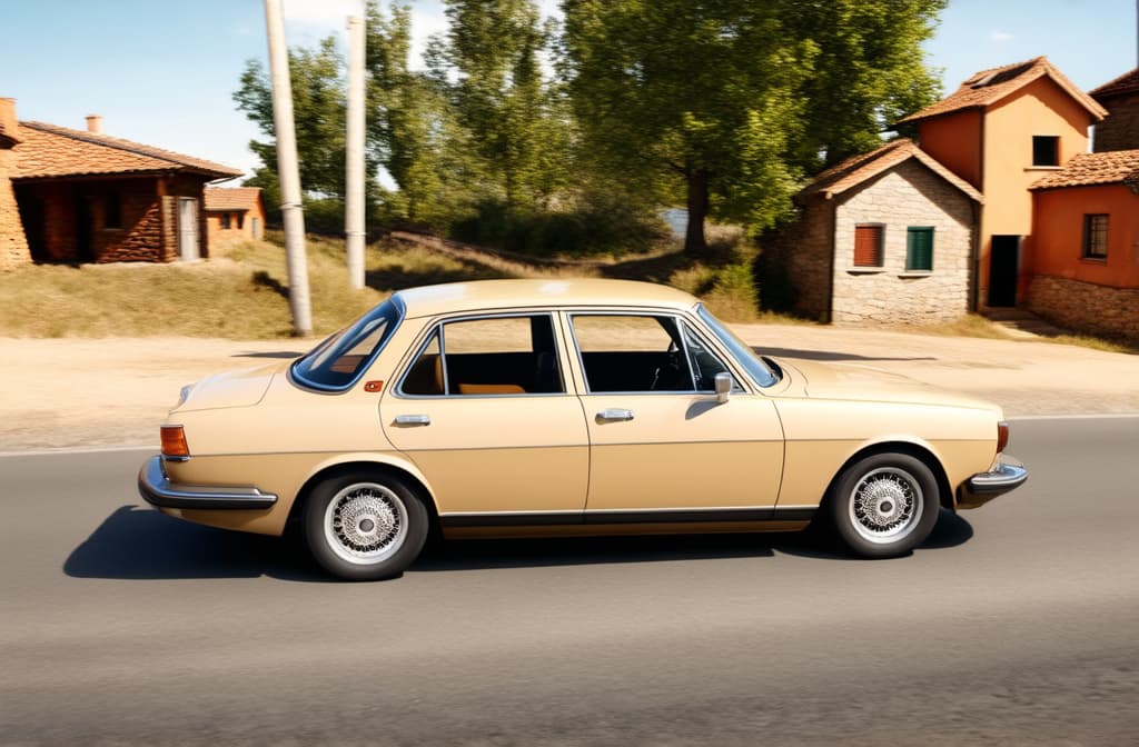  retro beige car driving along a small village street, small houses on the sides of the road, view from afar ar 3:2 {prompt}, maximum details