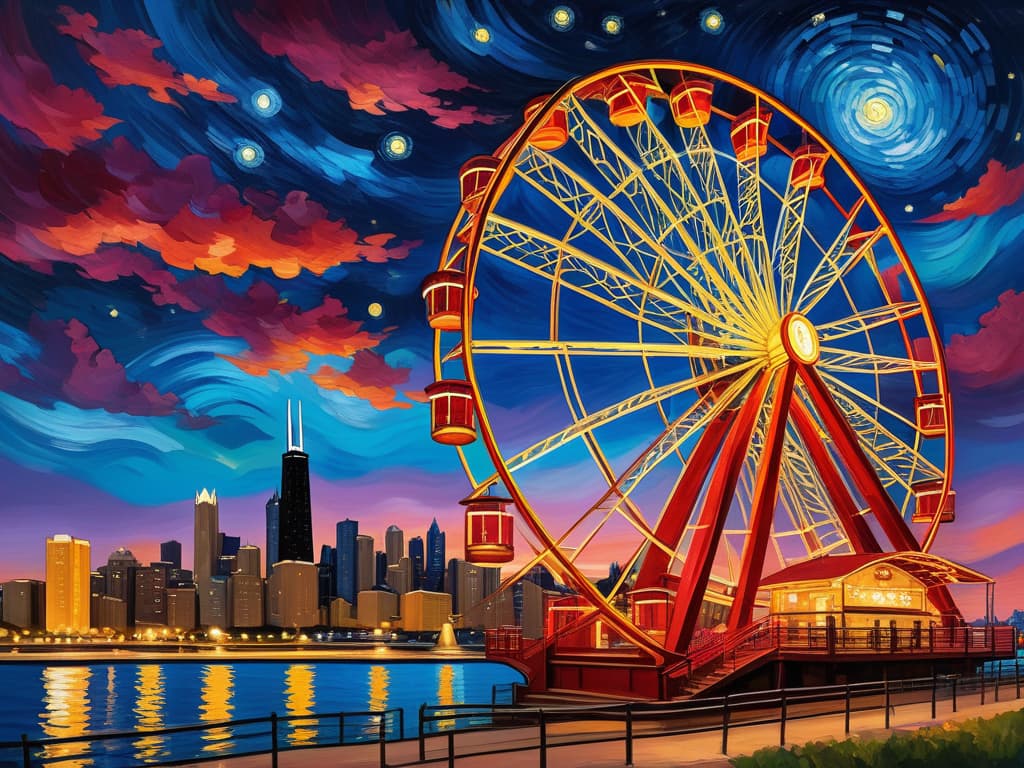  concept art chicago’s centennial ferris wheel, chicago’s navy pier, van gogh's starry starry night with colorful red and orange swirls in the beautiful night sky, chicago skyline with colorful van gogh swirls in the sky, hyper realistic, chicago skyline, mesmerizing, intricate details, flambient golden and red sunrise, dramatic lighting, epic composition, wide angle, cinematic, masterpiece, high resolution, sharp details, best quality, 4k, raw photo, van gogh influence, studio lighting, impressionist, bold colors, starry sky, architectural elements, medium format lens, high angle, cityscape, city life, metropolitan, van gogh's brushstrokes, van gogh's shadows, van gogh's colors, van gogh's textures, nighttime, city scene, streets, night