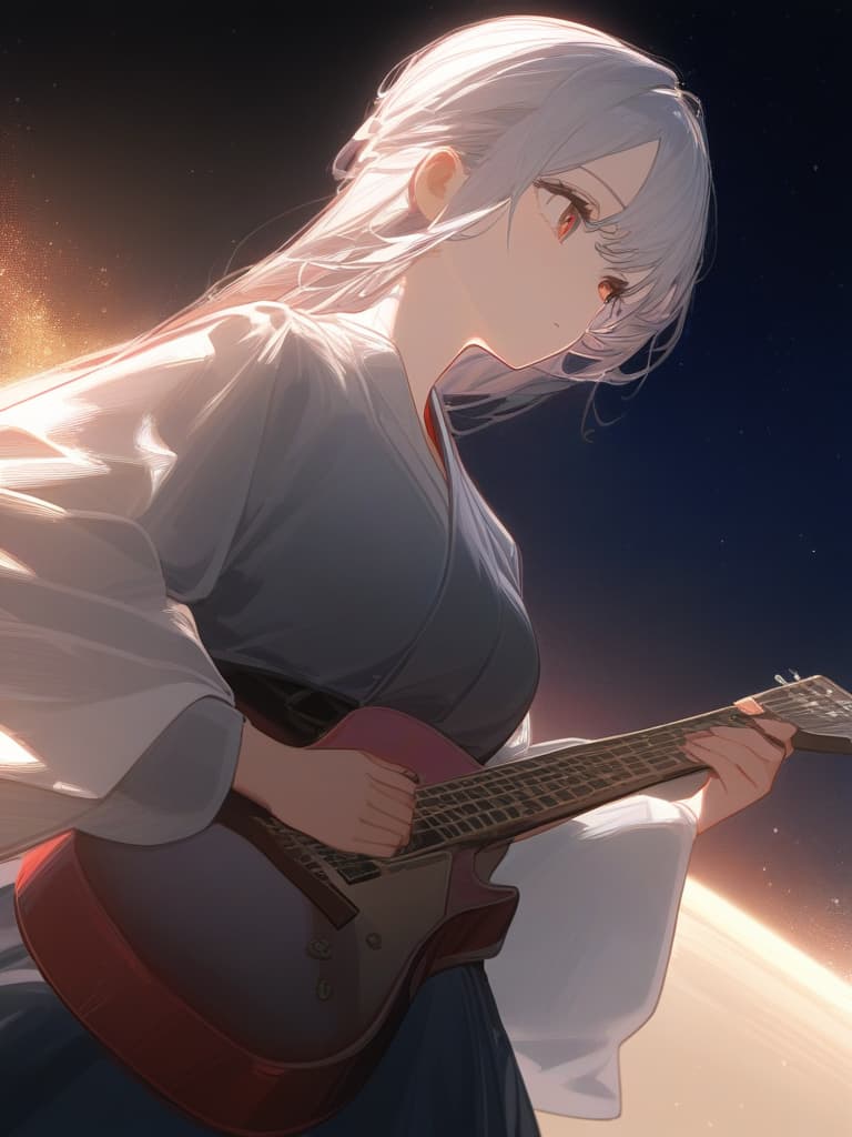  beaultiful girl,solo,(play the guitar),break,red electric guitar,super fine illustration,light novel,digital painting style,full body,upper body focus,direct eye contact,serious facial expression,galaxy background,night time,spotlight brightness,kimono outfit,white color tone,beautiful composition,cinematic lighting,extremely detailed,8k,cinematic postprocessing,masterpease