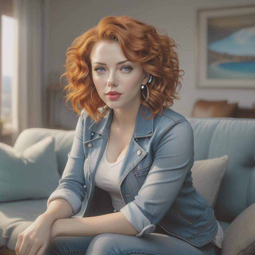  cinematic photo hight quality. (scarlett johanson). orange curly short hair, blue eyes, white short top, blue jeans. sit on sofa. livingroom . 35mm photograph, film, bokeh, professional, 4k, highly detailed hyperrealistic, full body, detailed clothing, highly detailed, cinematic lighting, stunningly beautiful, intricate, sharp focus, f/1. 8, 85mm, (centered image composition), (professionally color graded), ((bright soft diffused light)), volumetric fog, trending on instagram, trending on tumblr, HDR 4K, 8K