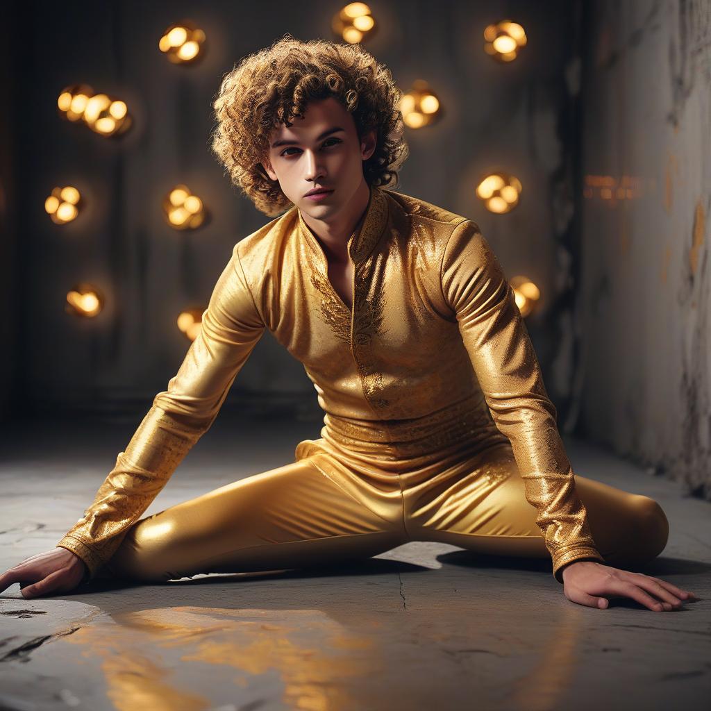  curly wiggly, cute male dancer, smoothly shaved, dressed in a beautiful gold outdoor women's costume for oriental dances and lies in a spectacular pose on a dirty concrete floor in a dark room, the young man is illuminated by neon lights