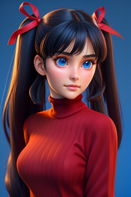  3d, 1 girl, beautiful face,detailed face, high detailed tohsaka rin, solo, long hair, sweater, red sweater, looking at viewer, blue background, black hair, simple background, two side up, turtleneck, blue eyes, lips, closed mouth, ribbon, hair ribbon, bangs, turtleneck sweater, upper body, parted bangs, black ribbon, ribbed sweater, twintails, nose