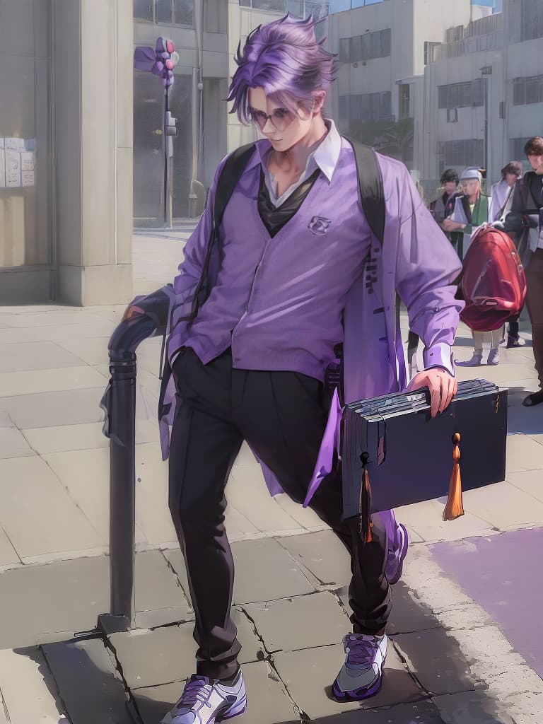  (((male student 👨‍🎓:1.5)){male student 👨‍🎓:1.5 (purple hair,very short):1.8,wearing shirt & pants} walking around town,commuting time} super detailed,high resolution,absurd,employed,