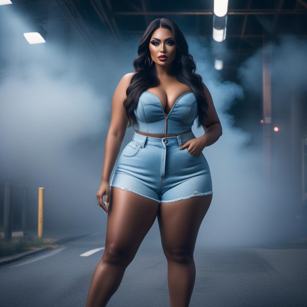  curvy girl wearing short clothes, ((makeup)) hyperrealistic, full body, detailed clothing, highly detailed, cinematic lighting, stunningly beautiful, intricate, sharp focus, f/1. 8, 85mm, (centered image composition), (professionally color graded), ((bright soft diffused light)), volumetric fog, trending on instagram, trending on tumblr, HDR 4K, 8K