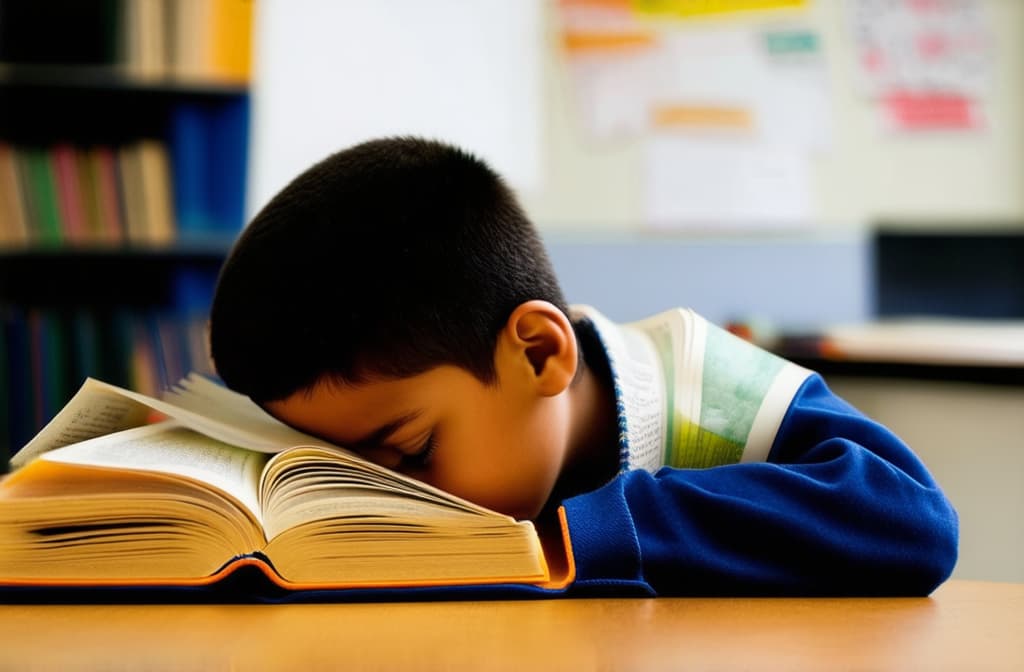  a primary school child put an open book on his head with the pages facing down, tired of studying, sitting at the table ar 3:2 {prompt}, maximum details