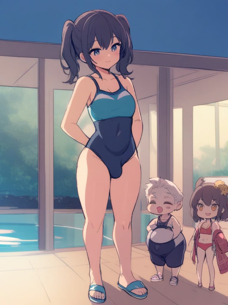  women's elementary students (male), twin tails, cute smiles, (rich s), low stature, dark blue swimwear, old , , (bulging), male, (bulge), shaped clear, shaped crisp , front, whole body, pool side,