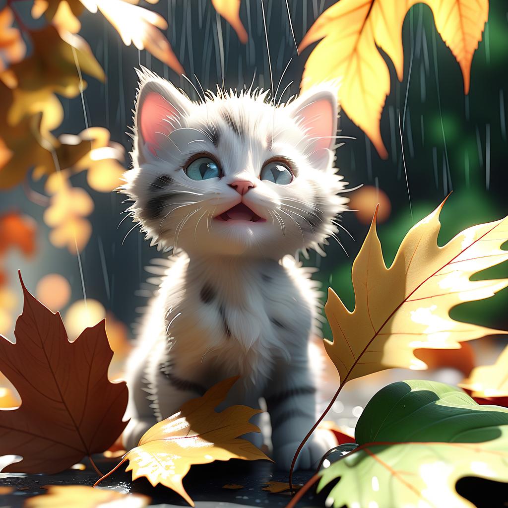  professional 3d model a very cute furry kitten under a large leaf is looking at me. it is raining. fall leaves fall. sunlight from white clouds. . octane render, highly detailed, volumetric, dramatic lighting