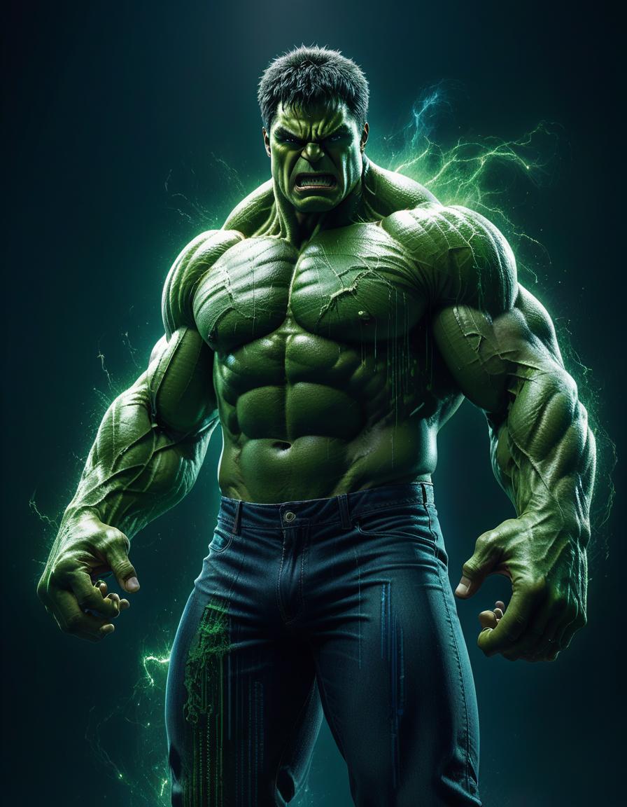  (masterpiece, high resolution, surrealist photography:1.4), intense portrait of the incredible hulk, (muscular build, furious expression:1.3), blending seamlessly with cascading matrix digital code, (green skin contrasting against black and blue color scheme:1.2), layered imagery, chaotic energy emanating, (crt tv modulation effect style:1.3), pixelated textures, swirling lines of code intertwining with hulk's form, dark background, ethereal glow, abstract and thought provoking composition, dynamic angle, capturing raw emotion and technological chaos, intricate details, visually striking and immersive., civitai hyperrealistic, full body, detailed clothing, highly detailed, cinematic lighting, stunningly beautiful, intricate, sharp focus, f/1. 8, 85mm, (centered image composition), (professionally color graded), ((bright soft diffused light)), volumetric fog, trending on instagram, trending on tumblr, HDR 4K, 8K