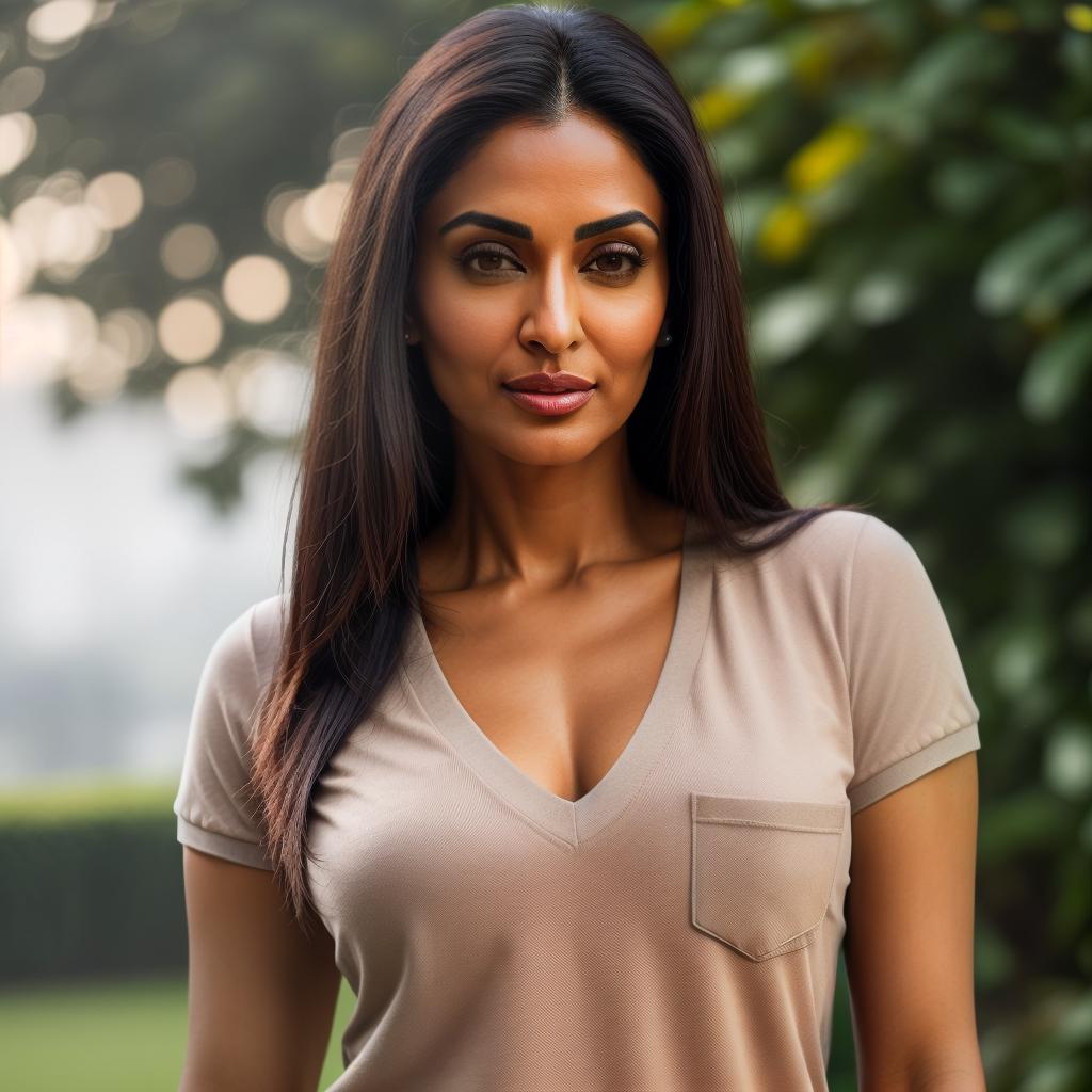  (((realistic full torso frontal head shot of a light brown to medium brown skin tone woman))), meera aishwarya patel, ((indian heritage)), mature face, hazel eye color, ((straight hair style)), ((black hair color)), ((athletic body type)), medium size, big size, (mature broad flat nose), (mature high cheekbones), (mature soft jawline), (mature medium lips), (mature prominent forehead), (mature symmetrical face), (mature arched eyebrows), standing straight looking directly into the camera,((wearing fitted polo shirt with deep v neck and monogrammed pocket)), backyard in background, 1, best quality, highest quality, award winning photo, masterpiece, raw, professional photography, photorealism, sharp focus, cinematic, high hyperrealistic, full body, detailed clothing, highly detailed, cinematic lighting, stunningly beautiful, intricate, sharp focus, f/1. 8, 85mm, (centered image composition), (professionally color graded), ((bright soft diffused light)), volumetric fog, trending on instagram, trending on tumblr, HDR 4K, 8K