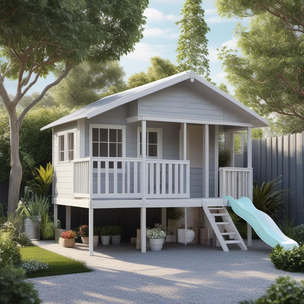  create a realistic cubby house on stilts, white colour, light grey flashings and trimmings, slide to the right and underneath parking for kids cars, painting style