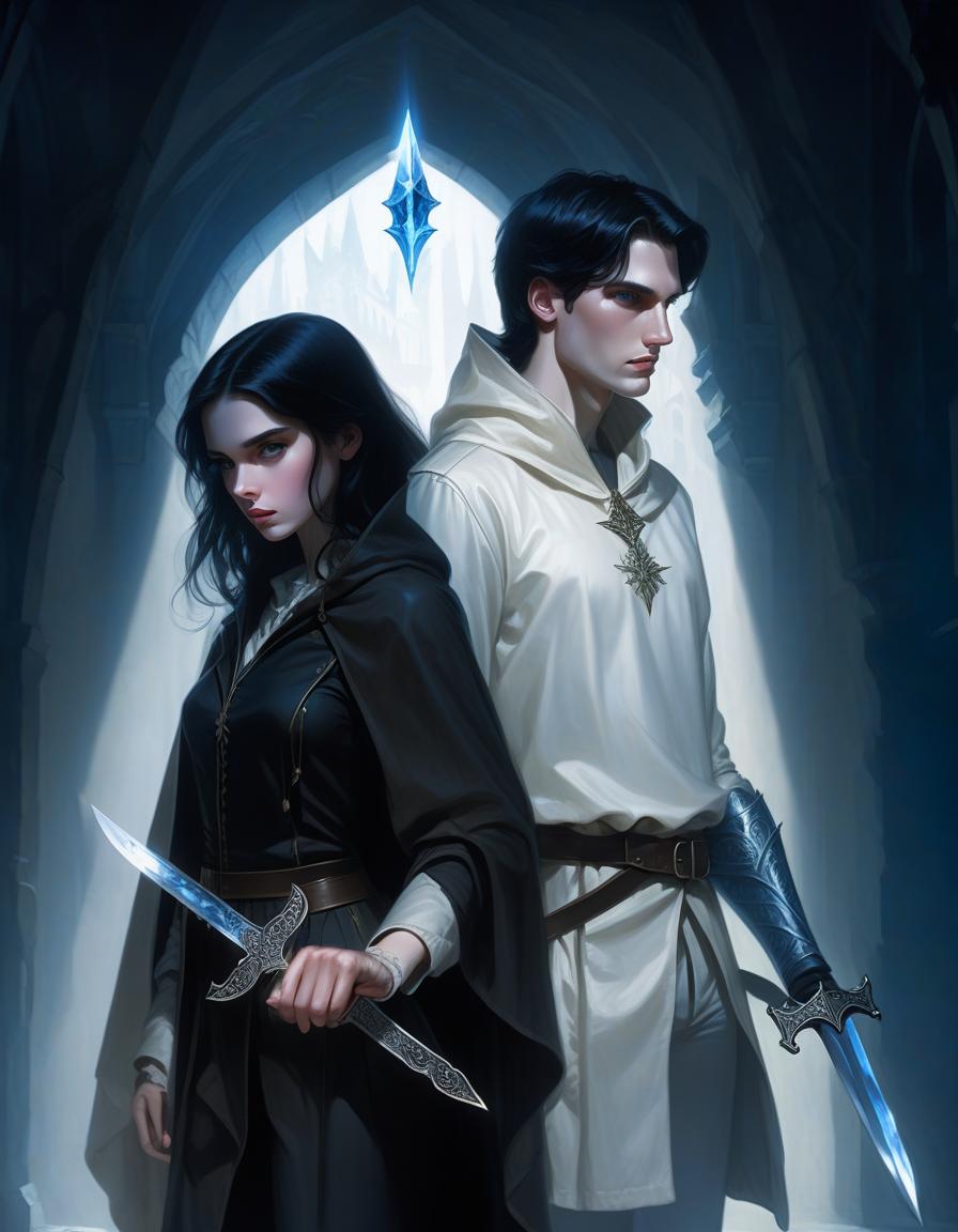  a girl and a man are standing in the center of the composition, back to back. the man is on the right, the girl is on the left. side view. the man is dressed in a white military dress uniform, holding a sword in his hand. the girl is dressed in black pants, a white shirt and a hooded cloak. the man has short black hair, the girl has long, slightly wavy black hair. the girl is holding a dagger in her left hand, her right hand is raised up in a magical gesture. the light falls from the upper right corner, the shadow of the man falls on the girl. the background is dark. a blue crystal glows on the girl's neck. fantasy. middle ages. pale skin, hkmagic