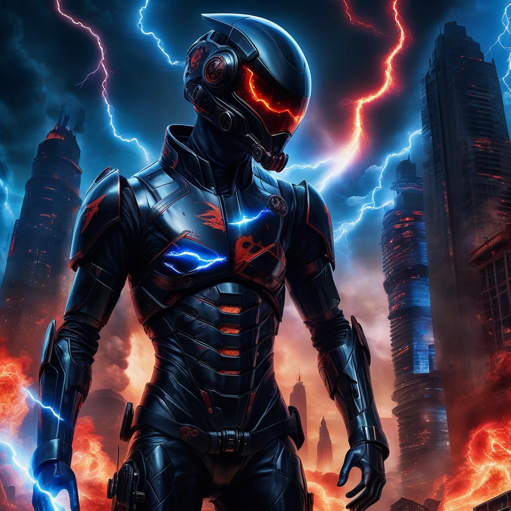  book cover: a beauty girls in a black exoskeleton wearing a helmet, standing with his arms crossed over his chest. very detailed and detailed model. the confrontation of red fire and blue lightning. background, an alien city