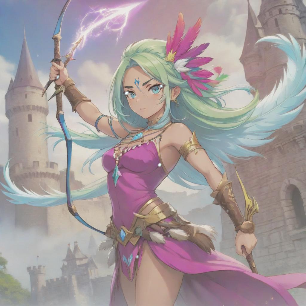  long exposure photo of portrait of strong rage amazonas queen archer. blue eye. long lightgreen hair. tilting head down, magenta mantle, shoulder pad feather, accessory necklace with pearls on the forehead, against the background of the castle siege . blurred motion, streaks of light, surreal, dreamy, ghosting effect, highly detailed, sticker, hkmagic