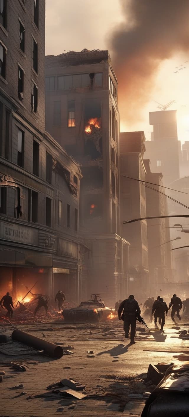  (realism style), lots of zombies walking, survivors running, lot of blood on the walls, in the city sunrise, snipers on the roof, explosions in the background, badass people