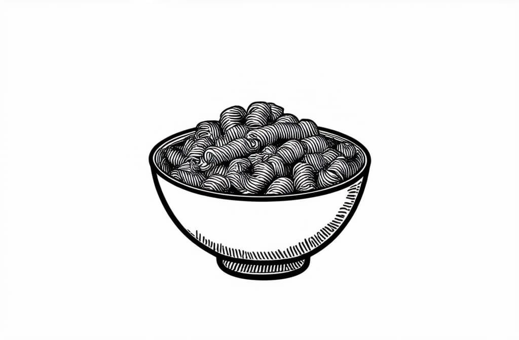  contour, very simple image in one unbroken black ink line, single line of pasta bowl, engraving illustration, icon isolated on white background ar 3:2 using a single continuous black line ink brushon white background, drawing should be created without lifting the pen, recognizable features of pasta bowl, engraving illustration, icon isolated on white background ar 3:2 in one unbroken line