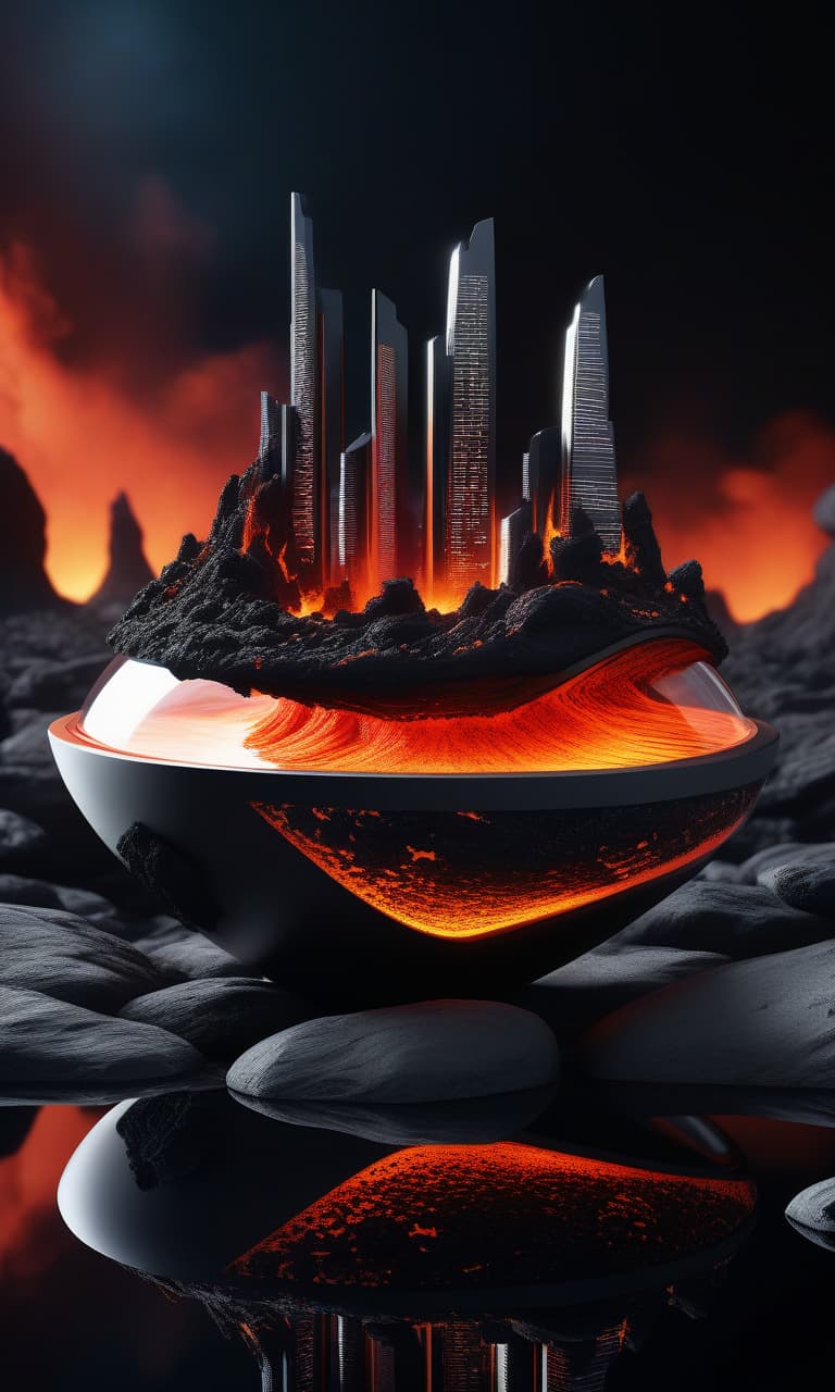  complex composition, futuristic city in the wave shaped bowl+fire lava+black bazalt rock, gloss, weightlessness shaped abstract, sharp focus, reflections, gradient spots, stardust, professional photo