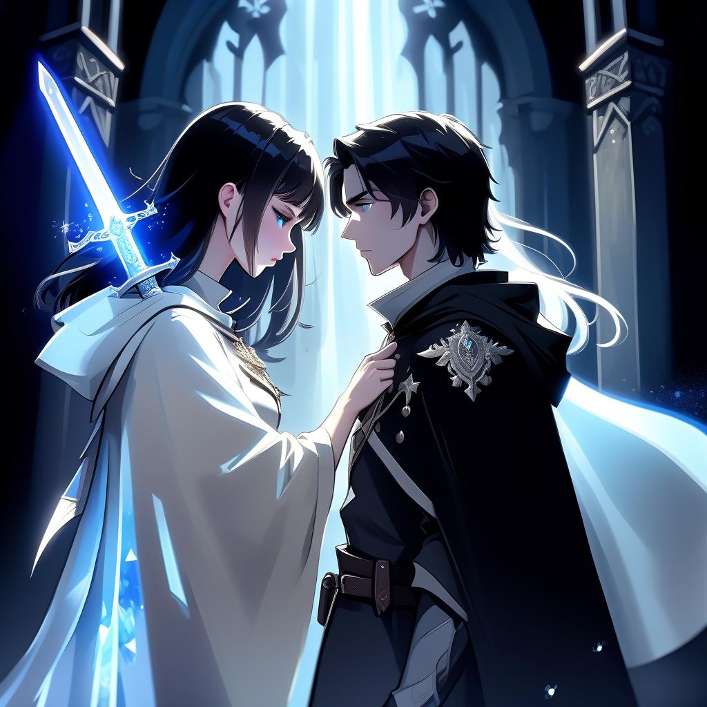  a girl and a man are standing in the center of the composition, back to back. the man is on the right, the girl is on the left. side view. the man is dressed in a white military dress uniform, holding a sword in his hand. the girl is dressed in black pants, a white shirt and a hooded cloak. the man has short black hair, the girl has long, slightly wavy black hair. the girl's right hand is raised up in a magical gesture. the light falls from the upper right corner, the shadow of the man falls on the girl. the background is dark. a blue crystal glows on the girl's neck. fantasy. middle ages. pale skin, hkmagic