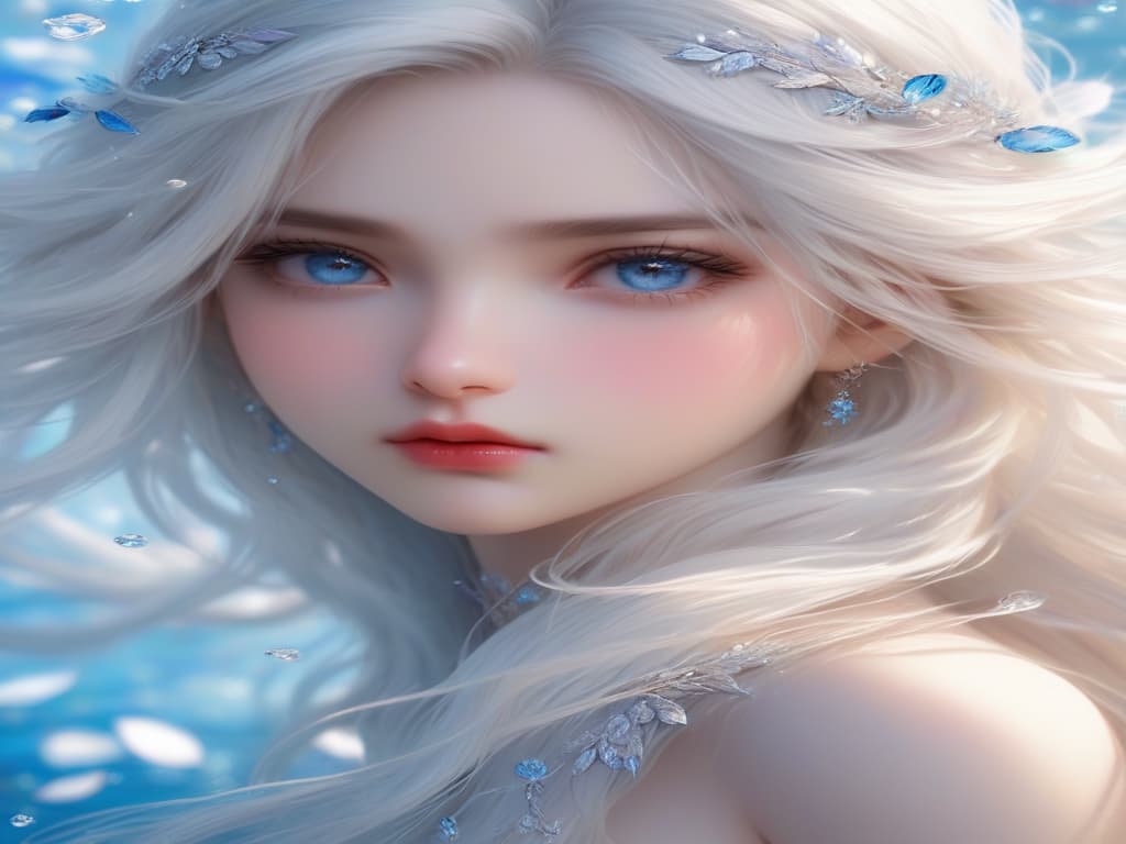  masterpiece,best quality,official art,extremely detailed cg 8k wallpaper,(flying petals) (detailed ice),crystals texture skin,1girl,cold expression,white hair,long hair,messy hair,blue eye,looking at viewer,extremely delicate and beautiful,water,((beauty detailed eye)),highly detailed,cinematic lighting,((beautiful face), fine water surface, (original figure painting), ultra detailed, incredibly detailed, (an extremely delicate and beautiful), beautiful detailed eyes, (best quality)