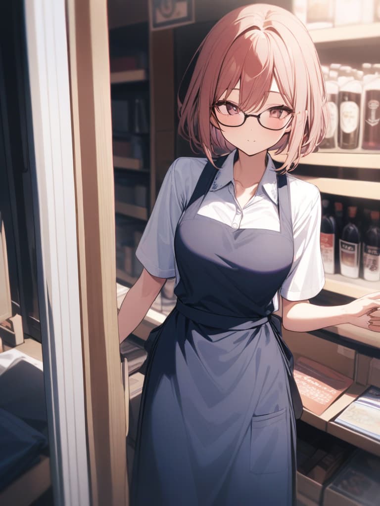  store, apron, glasses girls, short hair, store manager, masterpiece, best quality,8k,ultra detailed,high resolution,an extremely delicate and beautiful,hyper detail