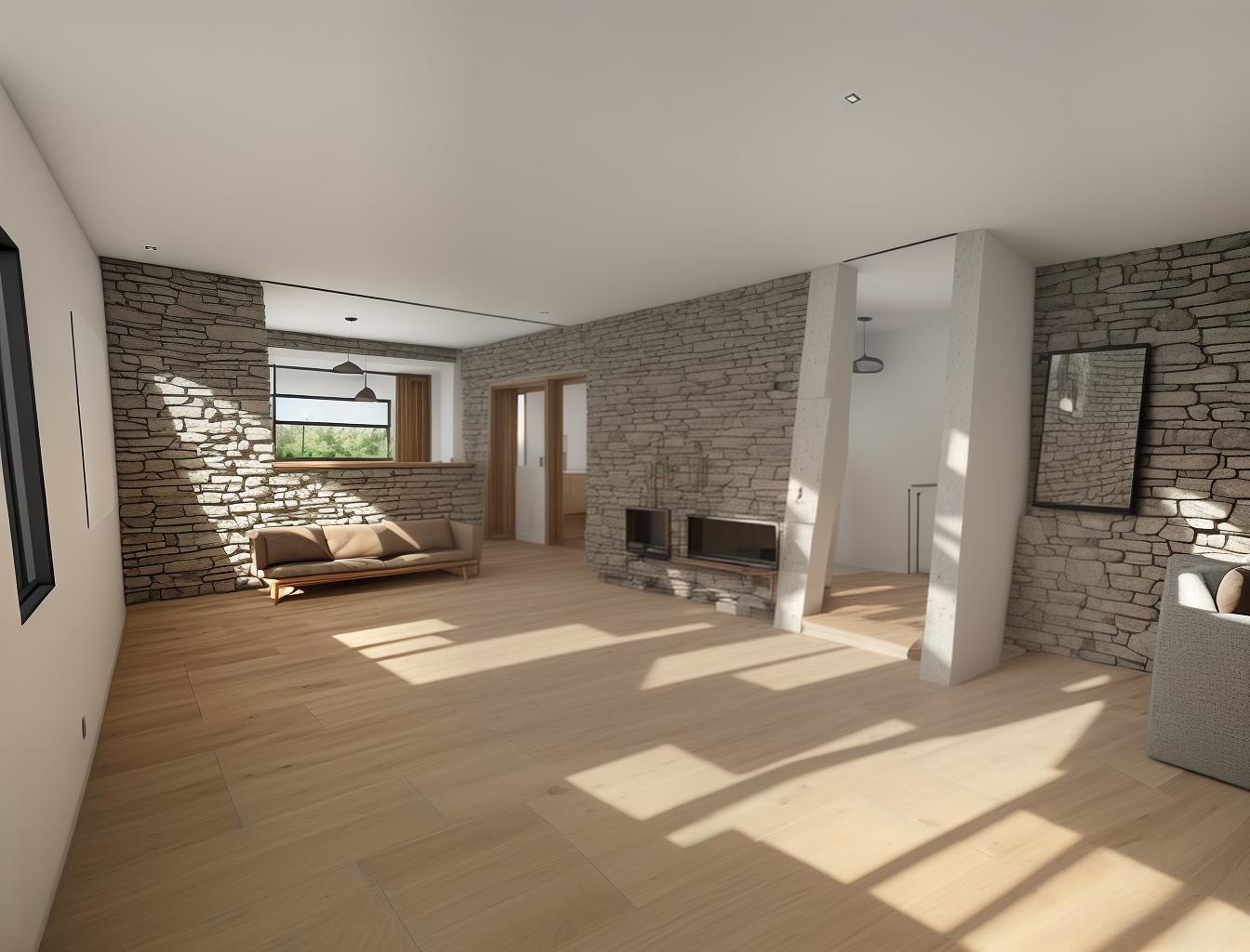  produce a photorealistic rendering of a modern interior with a stone wall as a focal point, complemented by wooden flooring and large windows. add a sleek, modern sofa and minimalist furniture that reflects a contemporary style, creating a space that feels both rustic and sophisticated.