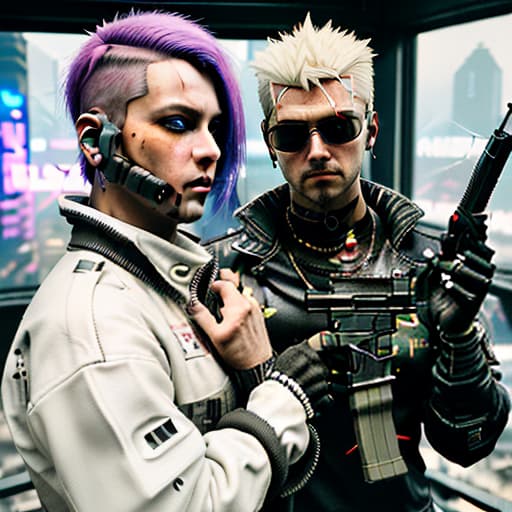  in cyberpunk style, two guys pose with guns, dressed in cyberpunk clothes, "vi" and "johnny silver hand", both from the game "cyberpunk 2077", militaristic style, on clothing military equipment, in the background of the tower "arasaka tower", photorealistic, hyperrealistic, hyperdetailed, analog style, demure, detailed skin, pores, smirk, smiling eyes, matte skin, soft lighting, subsurface scattering, realistic, heavy shadow, masterpiece, best quality, ultra realistic, 8k, golden ratio, intricate, high detail, film photography, soft focus