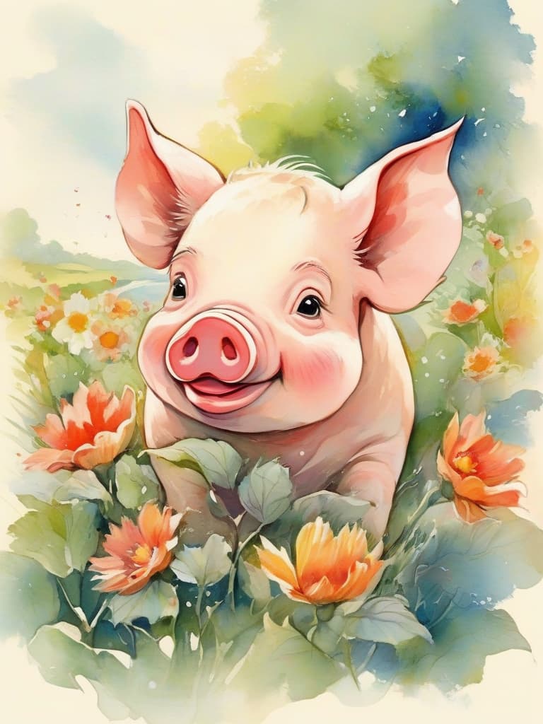  watercolor painting,instaport style, portrait of a pig, 1 male, soft gradient colors, blurred edges, wearing a floral patterned apron, smiling expression, background of flowing countryside scenery, watercolor effect, warm tones, soft lighting, overall style is light, dreamy, and artistic. [multi color watercolors with a white background], haze, film photography, light ethereal leaks, sharp focus, intricate highly detailed acrylic painting, palette knife and brush strokes, trending on artstation, trending on pixiv fanbox