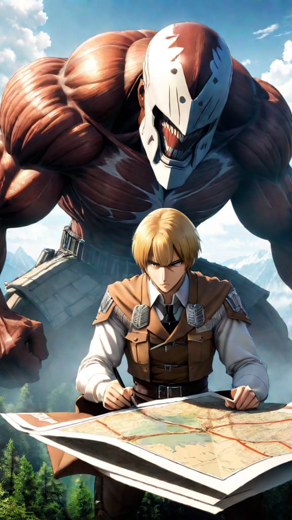  armin arlert from attack on titan strategizing with a map, surrounded by colossal titans, anime art, no violence hyperrealistic, full body, detailed clothing, highly detailed, cinematic lighting, stunningly beautiful, intricate, sharp focus, f/1. 8, 85mm, (centered image composition), (professionally color graded), ((bright soft diffused light)), volumetric fog, trending on instagram, trending on tumblr, HDR 4K, 8K