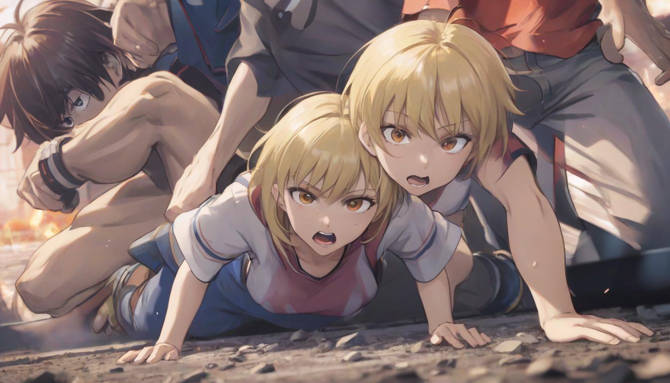  anime artwork a girl with short blonde hair lies on her stomach on the ground, angry in the foreground, a guy looks at her from behind . anime style, key visual, vibrant, studio anime, highly detailed