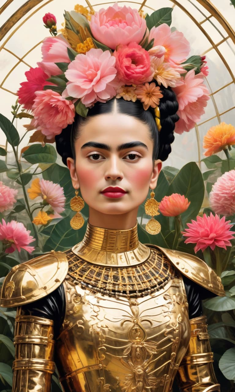  concept art color pink, white, black, gold greenhouse frida kahlo in gold armor many flowers . digital artwork, illustrative, painterly, matte painting, highly detailed, perfect hands