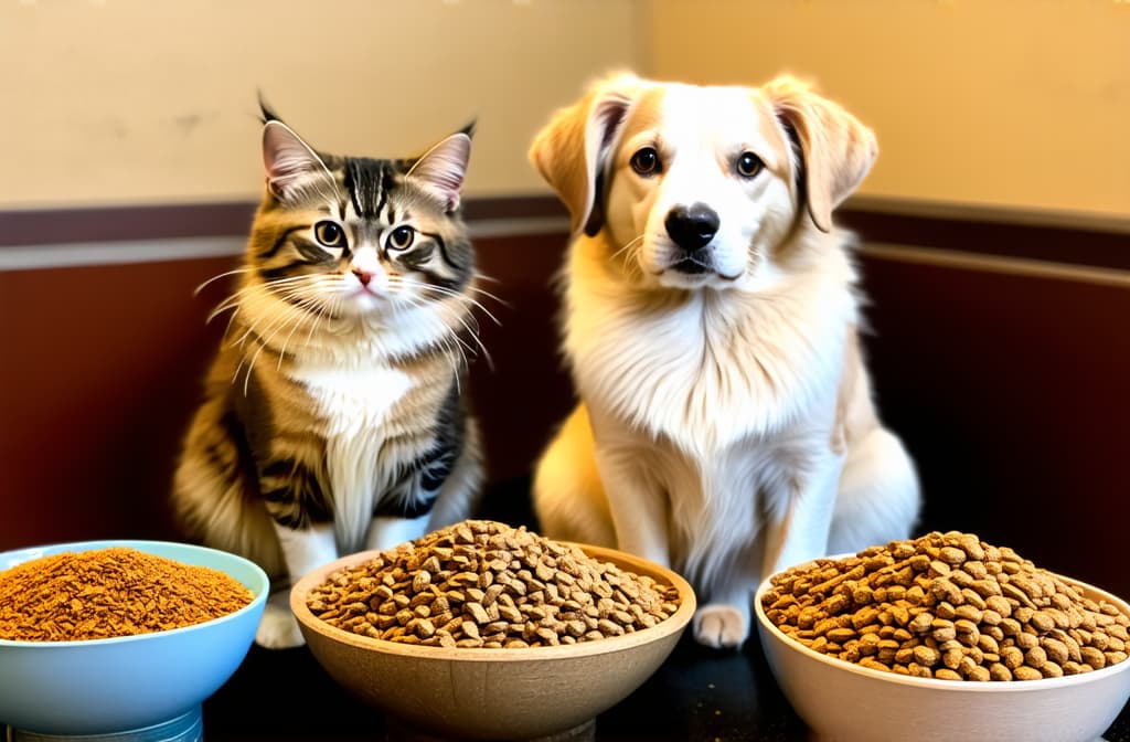  an obese cat and an obese dog sit next to bowls filled with heaping amounts of dry food ar 3:2 {prompt}, maximum details