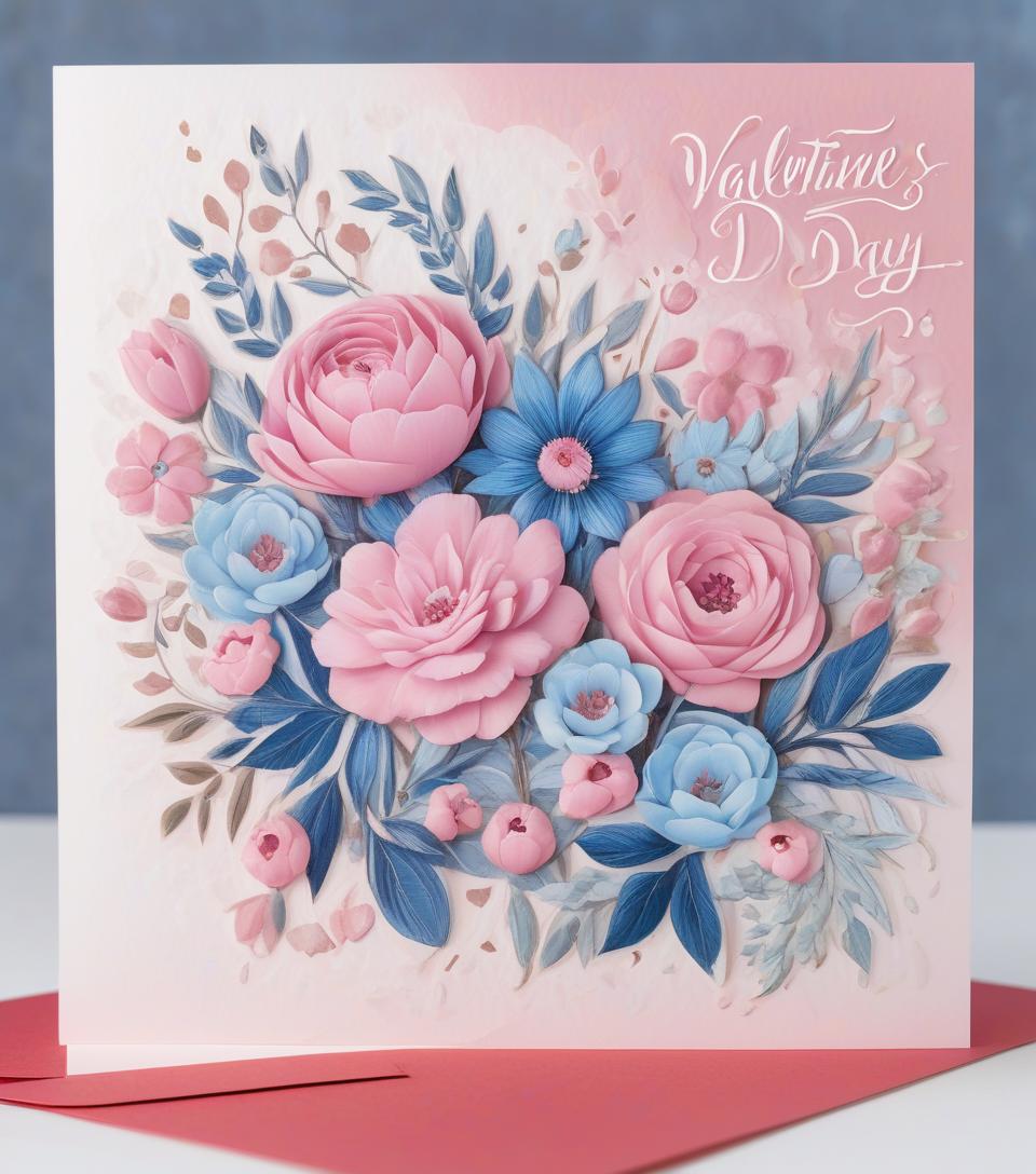  valentine's day card, pink and blue flowers